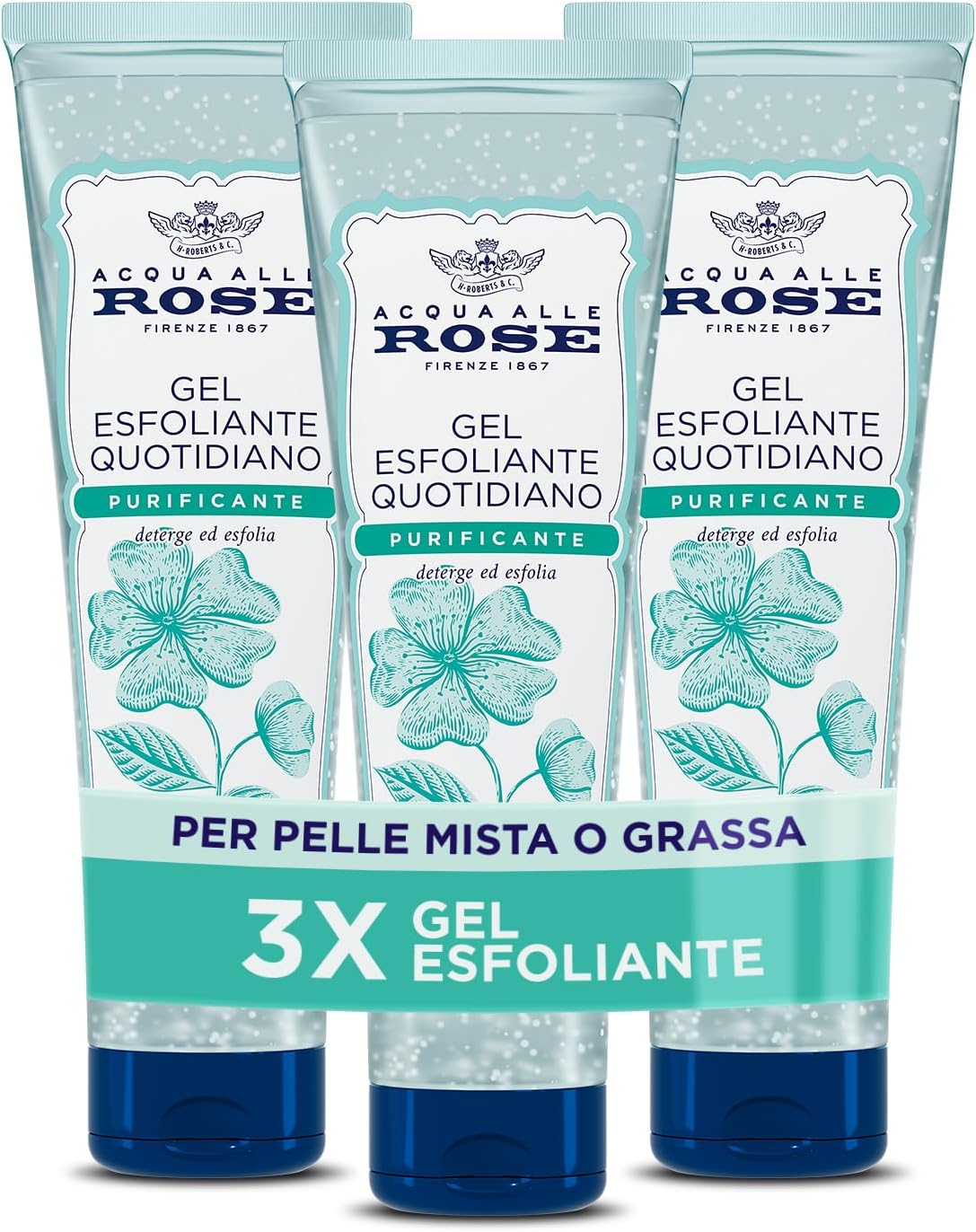 Acqua alle Rose, Gel Esfoliante Quotidiano Purificante per Pelli Normali, Miste o Grasse, Scrub Viso Delicato con Attivi Astringenti di Rosa Multiflora, Deterge, Esfolia e Purifica - 3 Pezzi da 150 ml